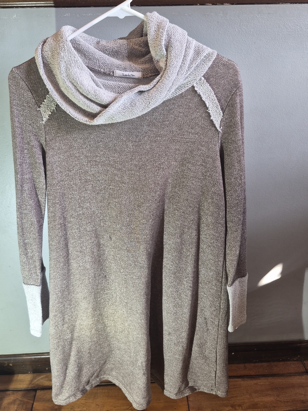 Twenty Taupe Cowl Neck Sweater with Cream Trim
